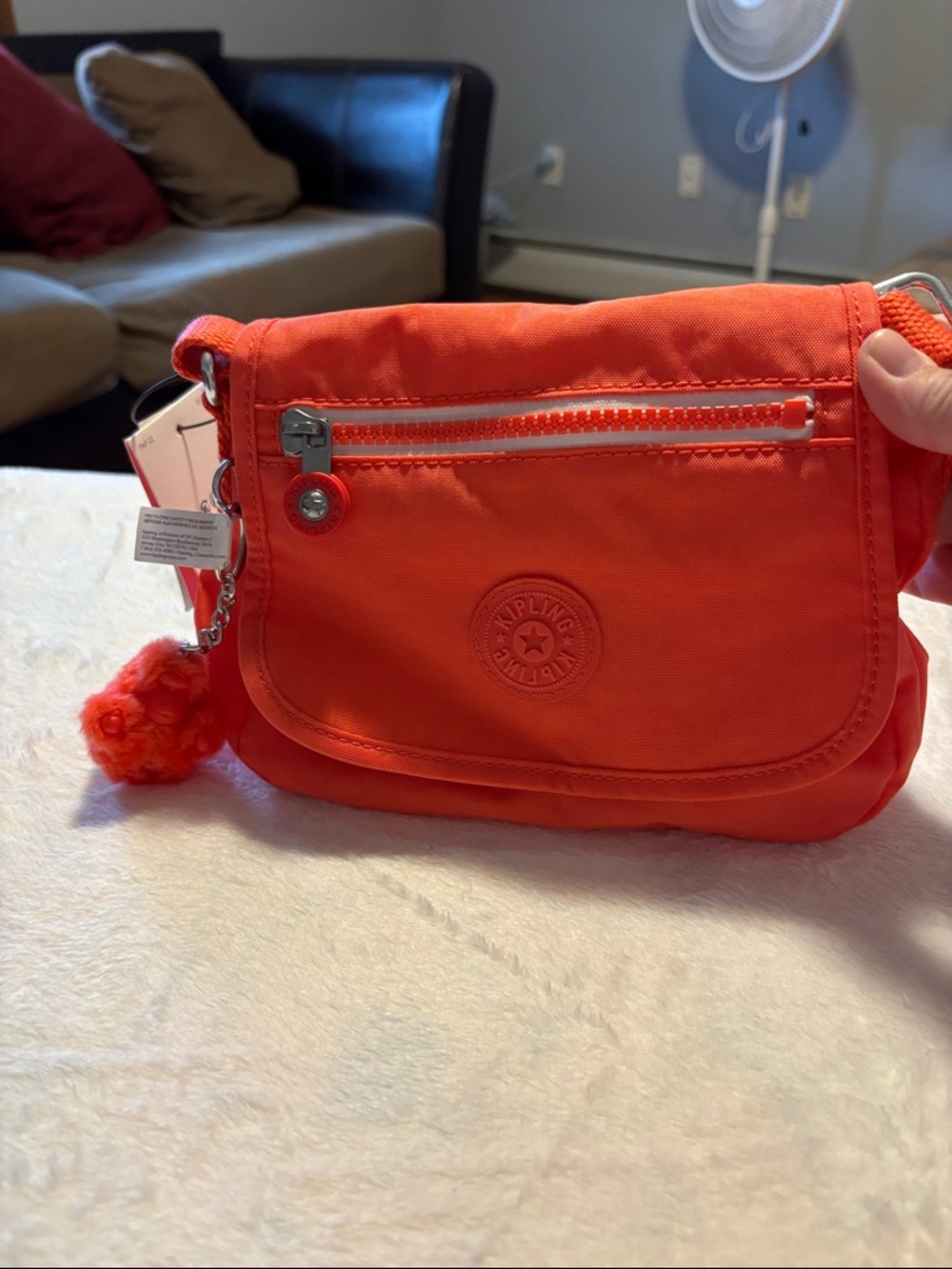 Kipling Bright Orange Crossbody Bag with Pom-Pom Charm